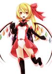  alternate_costume black_footwear black_gloves blonde_hair boots bow breasts cape dress elbow_gloves flandre_scarlet gloves hair_bow highres inyuppo layered_dress long_hair looking_at_viewer medium_breasts open_mouth red_dress side_ponytail slit_pupils smile solo thigh_boots thighhighs touhou very_long_hair white_dress wings 