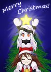  ^_^ arms_up bell biteear brown_hair carrying christmas christmas_tree closed_eyes hat highres kantai_collection long_hair looking_at_viewer merry_christmas mittens multiple_girls northern_ocean_hime open_mouth orange_eyes ryuujou_(kantai_collection) santa_hat shinkaisei-kan shoulder_carry smile twintails white_hair white_skin 