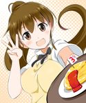  apron armpit_peek breasts brown_eyes brown_hair commentary food highres long_hair medium_breasts open_mouth ponytail sch solo taneshima_popura up_sleeve waitress working!! 