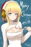  artist_name bell blonde_hair blue_background blue_eyes blush breasts christmas cleavage cleavage_cutout clothes_pull hat highres iltusa looking_at_viewer medium_breasts meme_attire merry_christmas open-chest_sweater price_tag pulled_by_self ribbed_sweater santa_hat short_hair_with_long_locks snowflake_print solo sweater sweater_pull turtleneck upper_body 