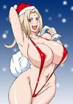  1girl blonde_hair breasts brown_eyes christmas huge_breasts naruho naruto sling_bikini snow solo swimsuit tsunade 