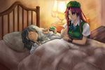  bad_id bad_pixiv_id bed bed_sheet bedroom beret bow braid breasts christmas commentary eyes_visible_through_hair green_eyes hair_bow hair_down hand_on_own_face hat hong_meiling izayoi_sakuya lamp light_smile long_hair looking_at_another medium_breasts mitsu_(mitu_ll) multiple_girls pajamas pillow red_hair short_hair short_sleeves silver_hair sketch sleeping sleepwear star touhou twin_braids wrist_cuffs 