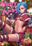  alternate_costume blue_hair braid breasts capelet closed_mouth commentary_request gift hair_over_one_eye highres jinx_(league_of_legends) league_of_legends light_smile long_hair looking_at_viewer midriff navel oopartz_yang pink_eyes red_capelet santa_costume sitting small_breasts smile solo thighhighs twin_braids very_long_hair 