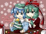  blue_eyes blue_hair bow christmas christmas_ornaments christmas_tree dress frills front_ponytail gift green_eyes green_hair hair_bobbles hair_bow hair_ornament hair_ribbon hat kagiyama_hina kawashiro_nitori long_hair multiple_girls open_mouth ribbon rokunen short_hair smile snowflakes star touhou two_side_up 