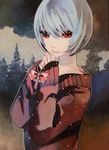  acrylic_paint_(medium) ayanami_rei blue_hair brush_(medium) cross cross_necklace hands_together highres jewelry necklace neon_genesis_evangelion ootsuki_kana red_eyes short_hair solo sweater traditional_media tree upper_body 