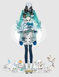  aqua_eyes aqua_hair boots bucket eighth_note half_note hatsune_miku head_tilt highres k_ototo long_hair looking_at_viewer mittens musical_note sixteenth_note smile snow_bunny snowman solo thighhighs treble_clef twintails vocaloid 