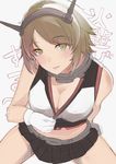  arm_support bare_shoulders blush breasts brown_hair cleavage downblouse gloves hareno_chiame headgear kantai_collection large_breasts looking_at_viewer midriff mutsu_(kantai_collection) short_hair sitting sketch skirt solo white_gloves yellow_eyes 