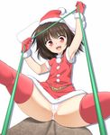  alternate_costume animal_ears anus_peek arm_up armpits brown_hair bunny_ears cameltoe christmas commentary_request gloves hachi_(chihagura) hat inaba_tewi looking_at_viewer panties red_eyes red_gloves red_legwear santa_costume santa_hat short_hair simple_background smile solo spread_legs thick_thighs thighhighs thighs touhou underwear white_background white_panties 