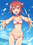  :d bare_shoulders bikini blush breasts collarbone cowboy_shot day hair_ornament hair_ribbon highres horizon jpeg_artifacts looking_at_viewer medium_breasts michairu navel ocean open_mouth outstretched_arms pink_bikini pink_eyes red_hair ribbon short_hair side-tie_bikini sky smile solo swimsuit yuuki_yuuna yuuki_yuuna_wa_yuusha_de_aru yuusha_de_aru 