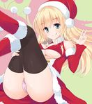  ;q aqua_eyes atago_(kantai_collection) bad_id bad_pixiv_id black_legwear blonde_hair breasts hat kantai_collection large_breasts legs_together legs_up long_hair looking_at_viewer one_eye_closed panties pink_panties santa_costume solo takehana_note thighhighs tongue tongue_out underwear 