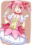  :d bubble_skirt choker frilled_skirt frilled_sleeves frills gloves hair_ribbon highres kaname_madoka komori_kuzuyu looking_at_viewer magical_girl mahou_shoujo_madoka_magica one_eye_closed open_mouth pink_hair puffy_short_sleeves puffy_sleeves red_eyes ribbon ribbon_choker short_sleeves skirt smile solo soul_gem twintails white_gloves white_legwear 