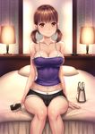  bag bare_shoulders blush breasts brown_eyes brown_hair cameltoe cellphone cleavage collarbone covered_nipples fingernails handbag highres large_breasts low_twintails midriff on_bed original phone shiny shiny_skin shirt short_hair short_shorts shorts sitting smile solo tank_top taut_clothes taut_shirt thigh_gap thighs twintails youbou 