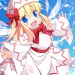  blonde_hair blue_eyes blue_sky blush_stickers bow capelet cloud day dress fairy hat hat_bow lily_white long_hair long_sleeves looking_at_viewer nikku_(ra) open_mouth outstretched_arms petals revision sash sky smile solo touhou white_dress wide_sleeves 