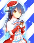  blue_hair bow elbow_gloves gift gloves hat long_hair looking_at_viewer love_live! love_live!_school_idol_project oda_(101511a) red_gloves santa_costume santa_hat smile solo sonoda_umi striped striped_background yellow_eyes 