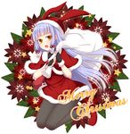  :d alternate_costume bow brown_eyes fingerless_gloves gloves hair_bow hair_ribbon hat kantai_collection long_hair looking_at_viewer merry_christmas murakumo_(kantai_collection) open_mouth pantyhose ribbon santa_costume santa_hat silver_hair smile solo sotogawa_max 