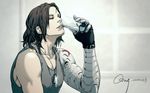  bifanghuanshi brown_hair captain_america_the_winter_soldier cyborg dog_tags drinking highres james_buchanan_barnes long_hair male_focus marvel mechanical_arm milk prosthesis prosthetic_arm solo tank_top 