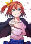 bad_id bad_pixiv_id blue_eyes blue_skirt bow collared_shirt cowboy_shot evil_grin evil_smile grin hair_bow highres jacket jacket_on_shoulders kakutasu kousaka_honoka long_sleeves looking_at_viewer love_live! love_live!_school_idol_project one_side_up open_clothes open_jacket orange_hair plaid plaid_skirt pleated_skirt shirt short_sleeves simple_background skirt sleeves_pushed_up smile solo white_background wind yellow_bow 