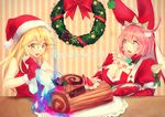  2girls alternate_color aqua_eyes arc_system_works artist_request bare_shoulders blazblue blonde_hair blush breasts christmas cleavage clover company_connection elphelt_valentine female food four-leaf_clover fruit gloves green_eyes guilty_gear guilty_gear_xrd hat huge_breasts ingpink long_hair multiple_girls necktie noel_vermillion open_mouth pink_hair puffy_sleeves ribbon santa_costume santa_hat scared shocked short_hair smile spikes strawberry surprised sweatdrop veil wreath 