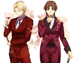  aldnoah.zero blonde_hair blue_eyes brown_hair cosplay costume_switch cruhteo cruhteo_(cosplay) cup drinking_glass epaulettes facial_hair fate/zero fate_(series) formal goatee hayami_shou look-alike multiple_boys seiyuu_connection shinooji sparkle staff suit toosaka_tokiomi toosaka_tokiomi_(cosplay) trait_connection wine_glass 