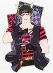  bad_id bad_pixiv_id black_hair bubble caesar_anthonio_zeppeli facial_mark fingerless_gloves gloves green_eyes jojo_no_kimyou_na_bouken male_focus mitarashi_(mimi88884) one_eye_closed palette_swap shirt solo striped striped_shirt t-shirt vest 