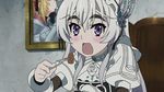  1girl animated animated_gif blush chaika_trabant dress eyebrows food hair_ribbon hitsugi_no_chaika long_hair looking_at_viewer lowres purple_eyes ribbon white_dress white_hair 