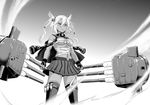  bomber_grape breasts budget_sarashi cape cleavage dual_wielding greyscale holding kantai_collection long_hair machinery medium_breasts monochrome musashi_(kantai_collection) navel pleated_skirt pointy_hair sarashi skirt solo thighhighs turret two_side_up you're_doing_it_wrong zettai_ryouiki 