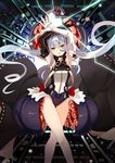  armpits arms_up asymmetrical_clothes black_gloves blue_hair dress elbow_gloves gloves hair_ornament hat long_hair open_mouth red_eyes selenoring solo souseiki_aster_gate star_era twintails white_gloves 