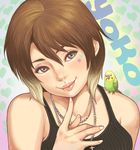  animal animal_on_shoulder bad_id bad_pixiv_id bird bird_on_shoulder borrowed_character brown_hair character_name closed_mouth face green_eyes heart jewelry lips looking_at_viewer maou_alba multicolored_hair necklace original parakeet smile solo two-tone_hair upper_body 