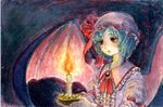  bat_wings blue_hair bow brooch candle candlelight candlestand frilled_shirt_collar frills hat hat_ribbon highres jewelry mob_cap piyo_(piyoko528) red_bow red_eyes remilia_scarlet ribbon short_hair solo touhou traditional_media watercolor_(medium) wings 