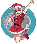  arm_up bag belt chaika_trabant christmas hare_(haaale) hat hitsugi_no_chaika jumping long_hair looking_at_viewer purple_eyes santa_costume santa_hat silver_hair solo 