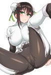  1girl absurdres bangs black_hair blush bodysuit breasts bun_cover cameltoe chinese_clothes closed_mouth covered_navel covered_nipples double_bun eyebrows_visible_through_hair fate/grand_order fate_(series) fingerless_gloves gloves green_eyes highres knee_up large_breasts looking_at_viewer medium_breasts ndgd qin_liangyu_(fate) sidelocks simple_background skin_tight solo spread_legs 