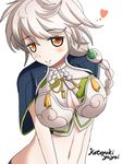  alternate_eye_color breasts cleavage_cutout cloud_print crop_top hair_ornament heart kantai_collection large_breasts leaning_forward looking_at_viewer midriff navel orange_eyes silver_hair smile solo unryuu_(kantai_collection) v_arms wavy_hair yayoi_kotoyuki 