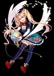  black_background black_legwear blonde_hair blue_eyes boots copyright_request dress gloves hair_ornament long_hair open_mouth selenoring smile solo thighhighs twintails wings 
