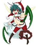  absurdres antennae belt bifrst black_sclera breasts earrings green_hair highres insect_girl insect_wings jewelry middle_finger monster_girl navel open_clothes open_shirt piercing praying_mantis red_eyes sack santa_costume scorpion_tail shirt small_breasts solo tail tears tongue_piercing touhou wings wriggle_nightbug 