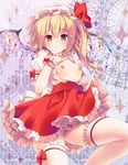  banned_artist flandre_scarlet flat_chest frilled_legwear frilled_panties frilled_skirt frills hand_on_own_chest konomi_(kino_konomi) looking_at_viewer nipples no_bra open_clothes panties skirt solo thighhighs touhou underwear white_legwear white_panties 