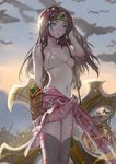  1girl aqua_eyes azir bikini_top bird black_hair danann evening flat_chest forehead_protector hair_tousle league_of_legends legs_together long_hair looking_at_viewer looking_away looking_to_the_side midriff navel sand serious sivir swimsuit thighhighs tiara weapon wrist_guards 