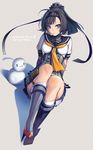  akizuki_(kantai_collection) black_hair blue_eyes boots gloves grey_footwear kantai_collection legs_together okeya_(ol23) ponytail skirt snowman uniform 