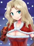  :p blonde_hair blue_eyes bottle breasts brown_gloves capelet christmas cleavage coca-cola commentary dress elbow_gloves girls_und_panzer gloves hat highres holding kay_(girls_und_panzer) long_hair looking_at_viewer medium_breasts red_dress santa_costume santa_hat smile snow soda_bottle solo standing strapless strapless_dress tongue tongue_out zakku_(kya--193) 