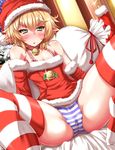  bag bare_shoulders bell bell_collar blonde_hair blush cameltoe christmas collar commentary_request detached_sleeves dress green_eyes hat highres mizuhashi_parsee panties pantyshot pantyshot_(sitting) pointy_ears red_dress santa_costume santa_hat sitting solo spread_legs striped striped_legwear striped_panties thighhighs touhou underwear zan_(harukahime) 