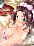  bad_id bad_pixiv_id bare_shoulders blue_eyes bottle bow breasts brown_hair chopsticks circlet cleavage decchi_oyabun food highres large_breasts long_hair naked_towel onsen original partially_submerged ponytail sake_bottle smile solo towel tray water wet 