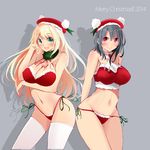  :d atago_(kantai_collection) bandeau bare_shoulders bikini black_hair blonde_hair breast_hold breasts christmas cleavage green_eyes hat highleg highleg_bikini highleg_swimsuit highres kantai_collection large_breasts long_hair long_hand looking_at_viewer lowleg lowleg_bikini multiple_girls navel open_mouth panties red_eyes santa_hat shadow short_hair side-tie_bikini smile swimsuit takao_(kantai_collection) tebi_(tbd11) thighhighs underwear white_panties 