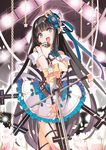  bare_shoulders black_hair blue_eyes bow chain dress long_hair looking_at_viewer microphone microphone_stand open_mouth ribbon selenoring smile solo souseiki_aster_gate very_long_hair wristband 