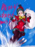  adapted_costume black_legwear capcom_fighting_jam capelet christmas dress gloves green_gloves grin hairpods hat ingrid long_hair merry_christmas motion_blur pantyhose red_dress red_eyes sack santa_hat silver_hair skiing smile solo tetsu_(kimuchi) 