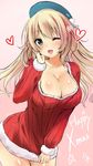  ;d aqua_eyes atago_(kantai_collection) blonde_hair blush breasts christmas cleavage cowboy_shot fur_trim hand_on_own_face hat heart jpeg_artifacts kantai_collection large_breasts legs_together long_hair looking_at_viewer nironiro one_eye_closed open_mouth pink_background ribbed_sweater santa_costume smile solo sweater 