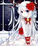  absurdres antlers bad_id bad_pixiv_id barefoot blue_eyes dress eyebrows_visible_through_hair flower hair_flower hair_ornament highres long_hair looking_at_viewer merry_christmas original red_flower red_ribbon reindeer_antlers ribbon shiro_yurine silver_hair solo white_dress 