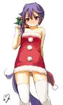  akebono_(kantai_collection) arm_behind_back bangs bare_shoulders blush christmas closed_mouth cowboy_shot hair_between_eyes hair_ornament hat hat_removed headwear_removed highres holly kantai_collection long_hair momo_(higanbana_and_girl) pom_pom_(clothes) purple_eyes purple_hair santa_costume santa_hat signature simple_background solo strapless thighhighs very_long_hair wavy_mouth white_background white_legwear 