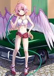  :o ahoge animal_ears blush breasts car ground_vehicle hand_on_hip hose kotarou_(yukina1721) looking_at_viewer medium_breasts midriff motor_vehicle mystia_lorelei navel open_fly panties panty_peek pink_eyes pink_hair shirt short_hair short_shorts short_sleeves shorts sketch soap_bubbles solo sponge tank_top tied_shirt touhou underwear unzipped wet wet_clothes wet_shirt wet_t-shirt wings 