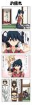  1boy 3girls 4koma :d ^_^ admiral_(kantai_collection) black_eyes black_hair bow cigarette closed_eyes comic crossed_arms hair_bow hair_flaps hair_ornament hair_ribbon hairclip hakama hand_on_own_shoulder hands_on_another's_shoulders hat headgear highres holding houshou_(kantai_collection) japanese_clothes kantai_collection kneeling military military_uniform multiple_girls nagato_(kantai_collection) naval_uniform navel open_mouth peaked_cap pleated_skirt ponytail rappa_(rappaya) remodel_(kantai_collection) ribbon school_uniform seiza serafuku shoulder_massage sitting skirt smile smoking spoken_exclamation_mark sweat tatami translated uniform yuudachi_(kantai_collection) 