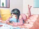  bed bed_sheet bedroom bell black_hair blinds christmas_tree hair_bell hair_ornament handheld_game_console indoors legs_up long_hair long_sleeves lying no_shoes off_shoulder on_bed on_stomach original panties pillow playing_games purple_eyes solo striped striped_legwear sweater thighhighs tissue_box underwear used_tissue window yamaishi_nohi 