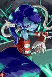  1girl blue_skin detached_sleeves dress hair_over_one_eye leviathan_(skullgirls) red_eyes skullgirls smile squigly_(skullgirls) yamamoto_souichirou zombie 